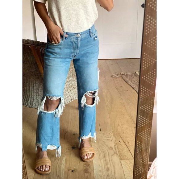 FREE PEOPLE Maggie Straight Leg Mid Rise Distressed Denim Jeans in Blue US 28 - Picture 2 of 14